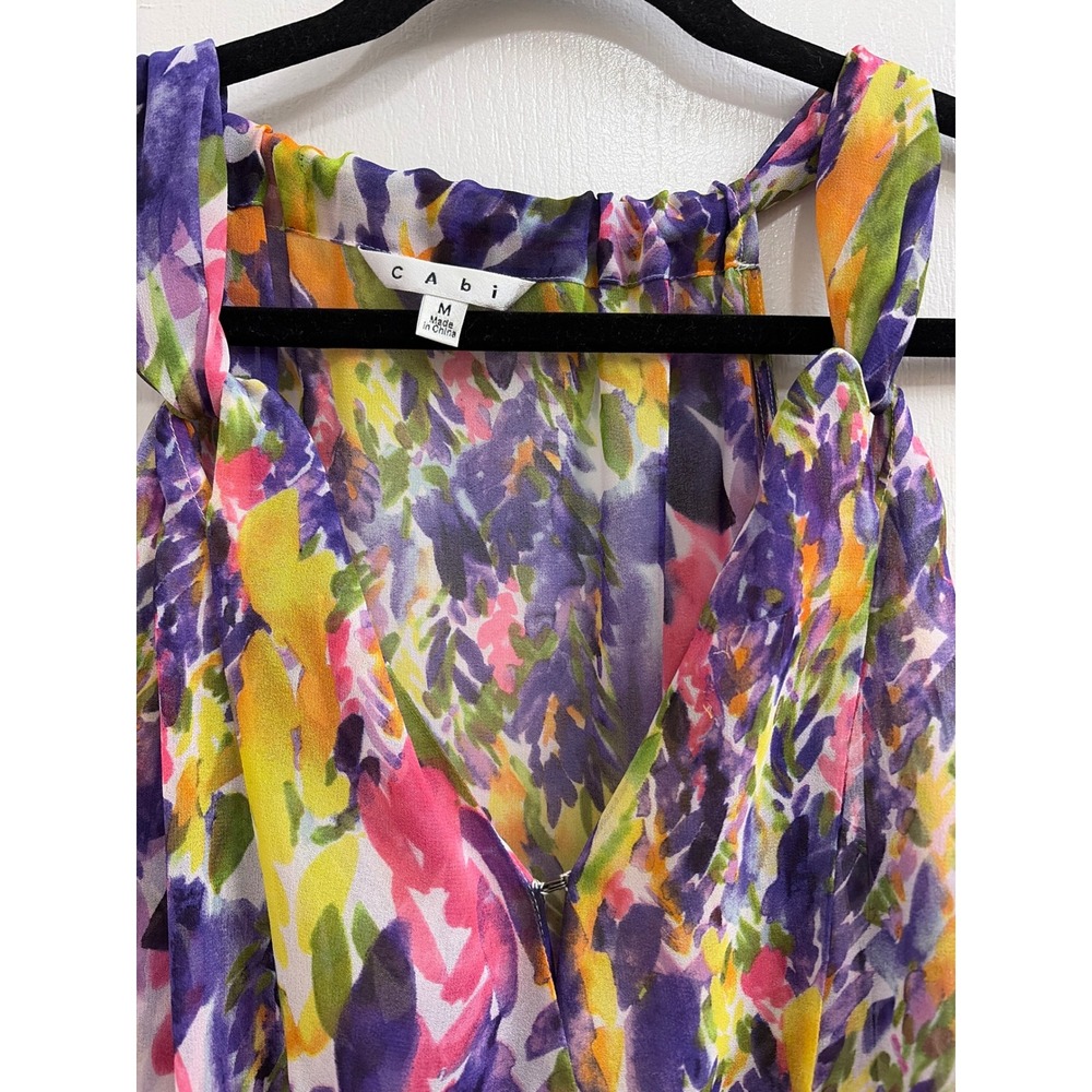 Cabi Watercolor Floral Chiffon Sleeveless Blouse Purple Yellow Pink Medium - Picture 3 of 4